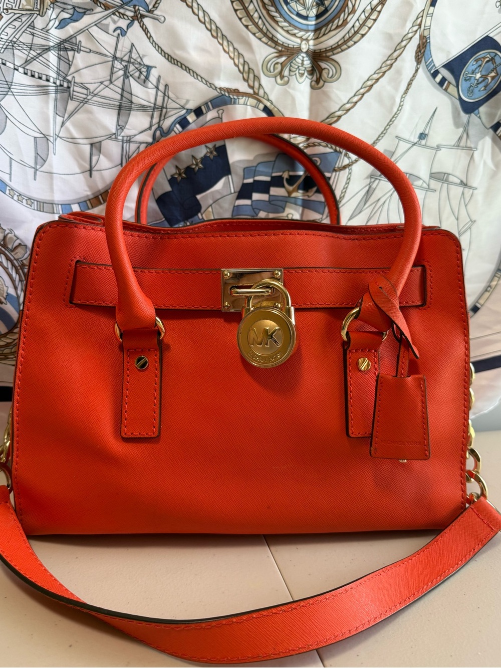 Michael Kors Bright Orange Saffiano Leather Satchel with Gold Hardware